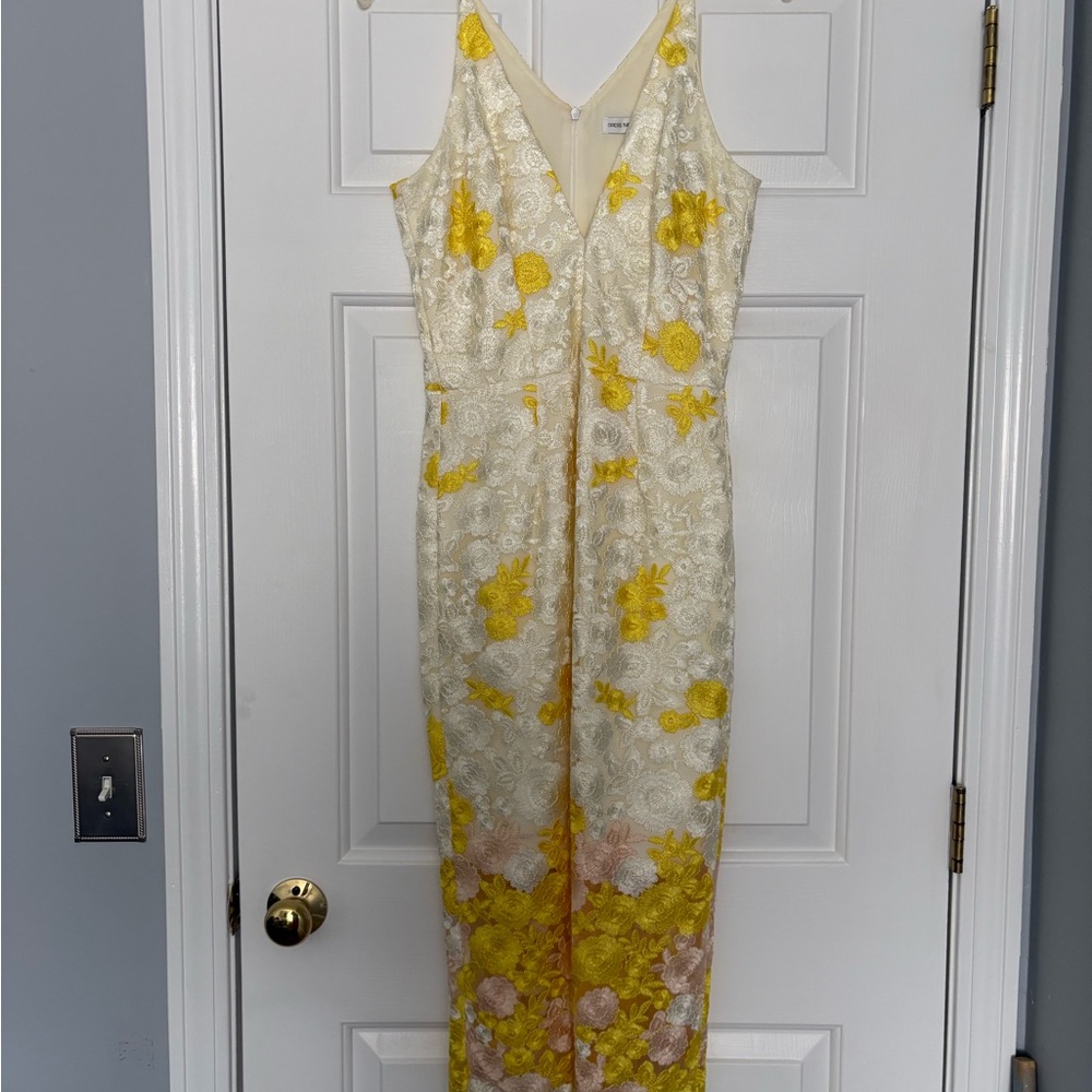Dress the Population Cream Lace Maxi with Yellow Floral Embroidery